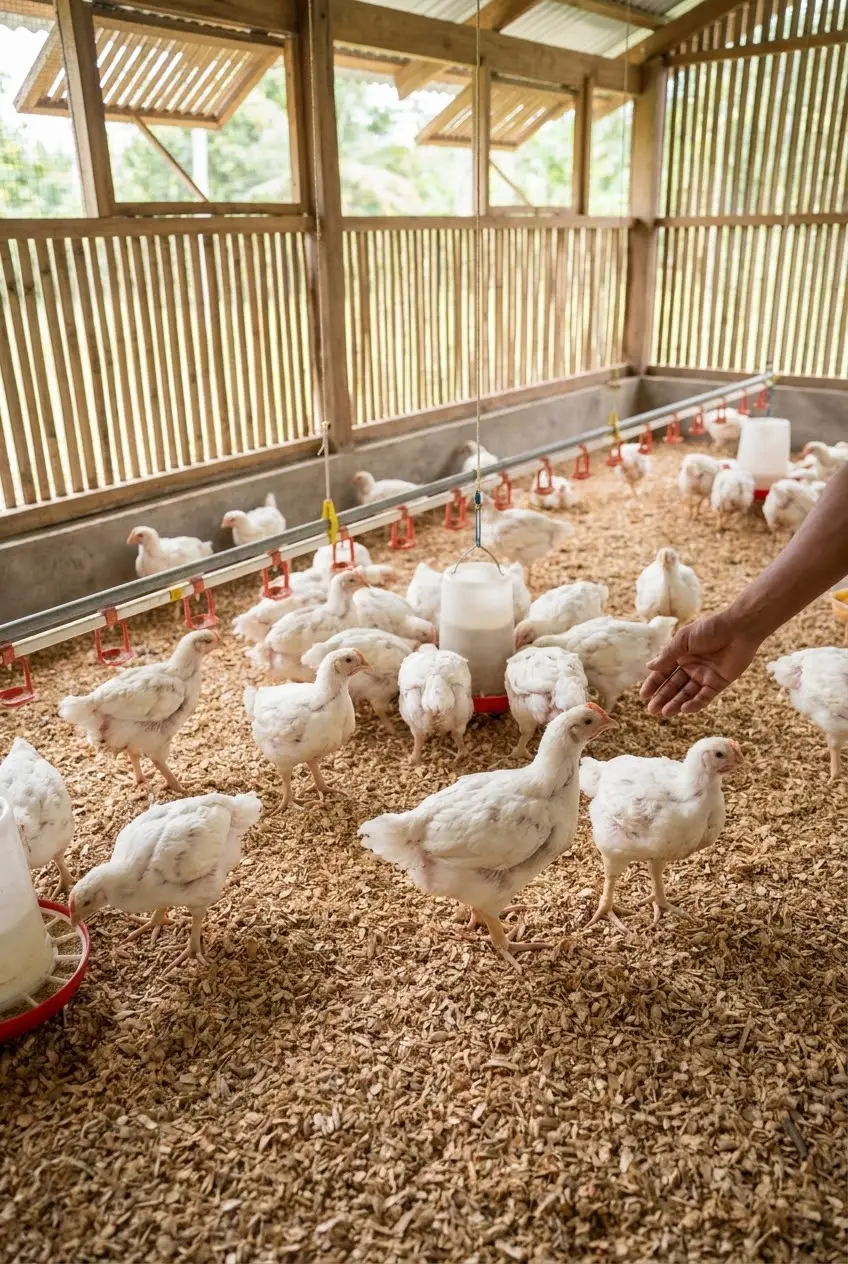 Pollos jóvenes sobre cama seca de granza dentro del galpón
