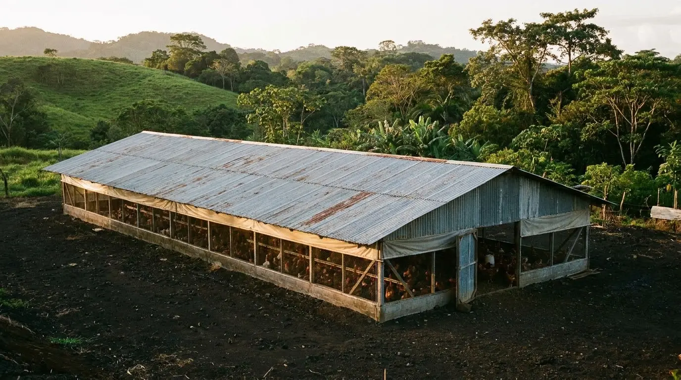 Galpón de pollo de engorde de Finca La Macha al atardecer, con techo de zinc corrugado y colinas tropicales al fondo