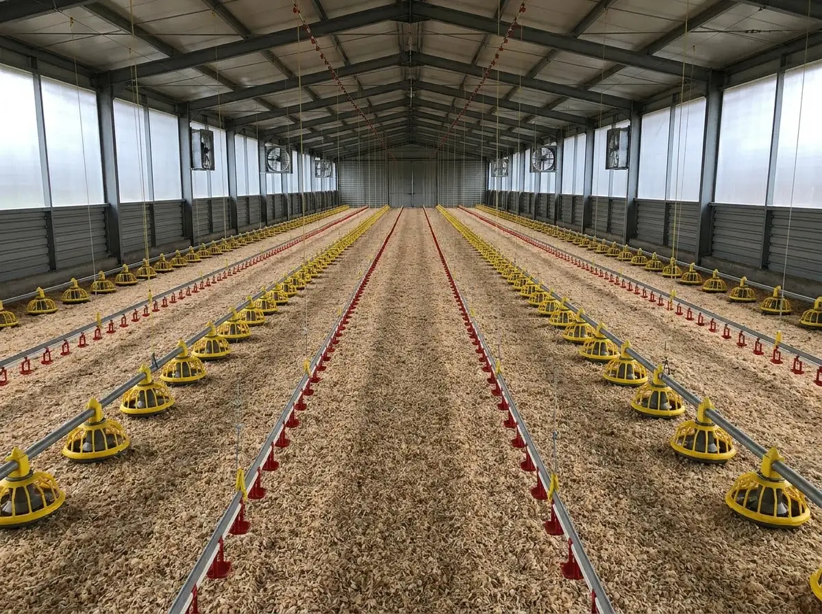 Interior del galpón con líneas de comederos y bebederos sobre la cama