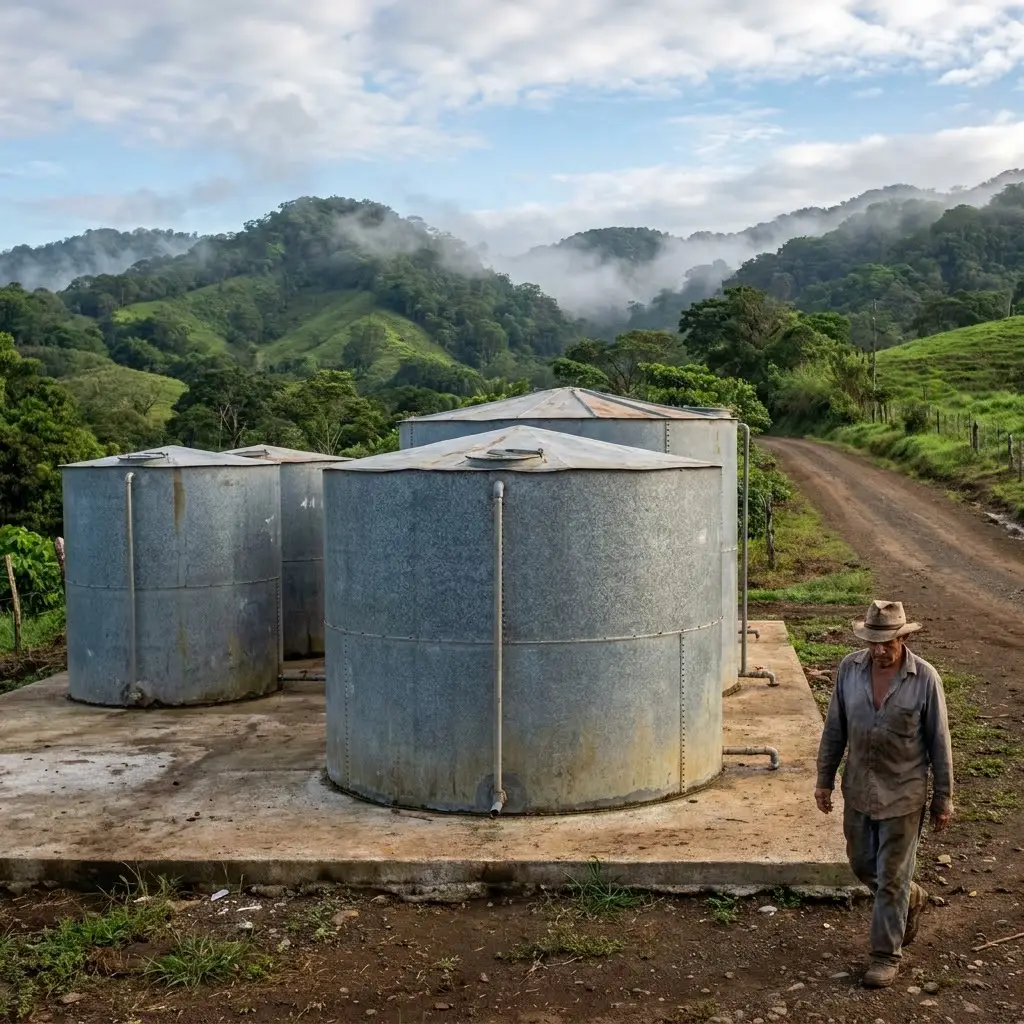 Tanques de almacenamiento de agua sobre base de concreto en la finca
