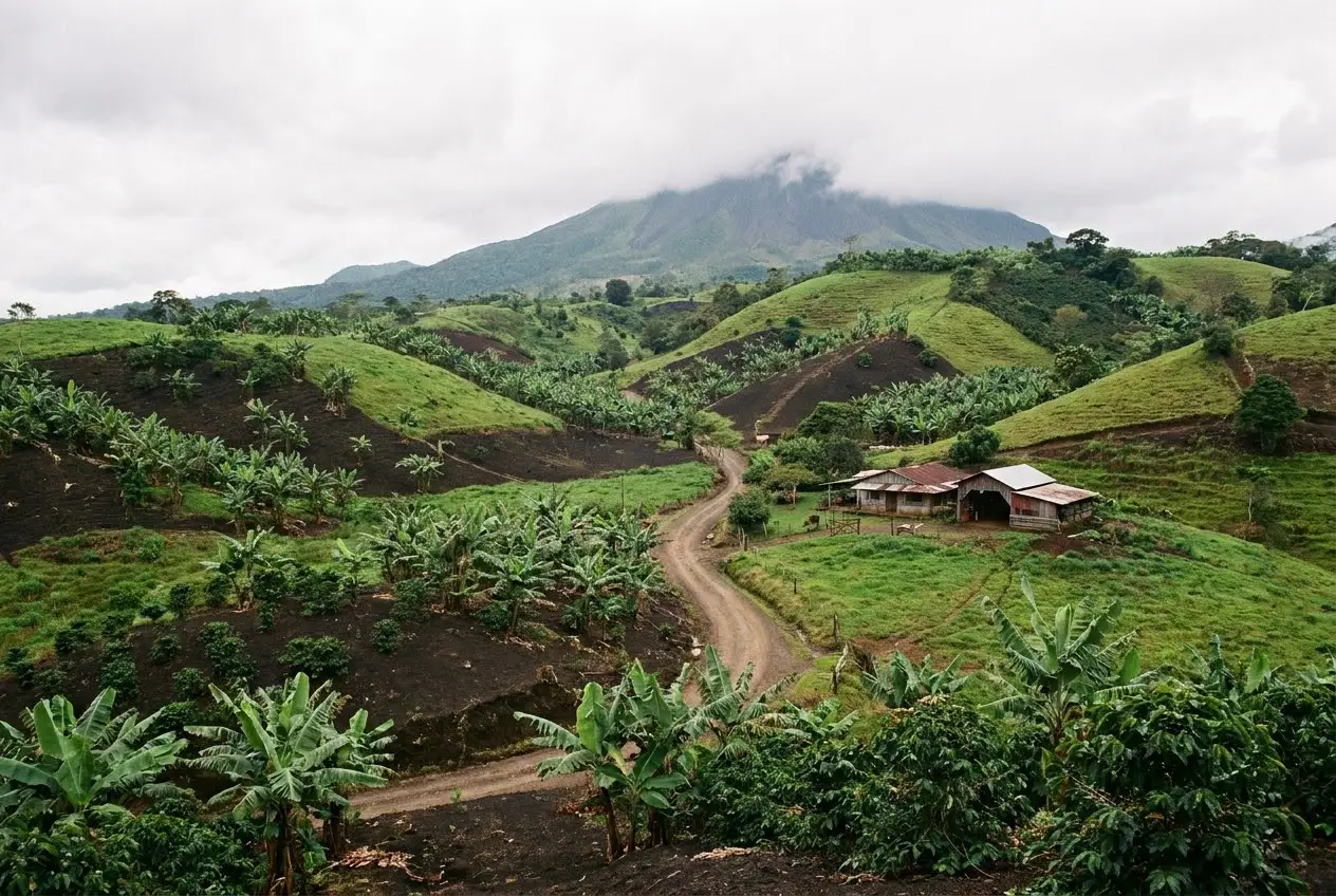 Terreno de la finca con colinas verdes y vegetación tropical